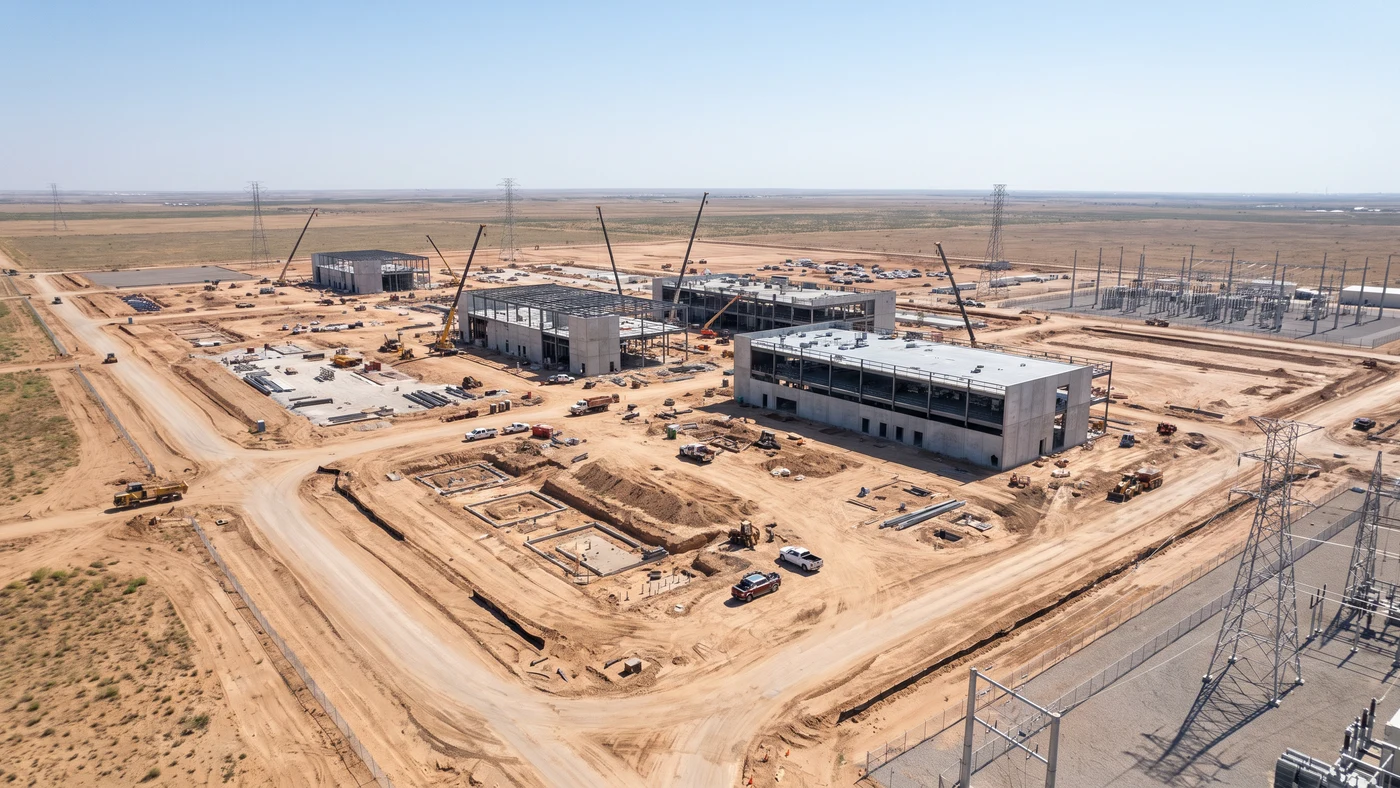 An aerial view of an anonymous data center construction site and electrical substation on open plains.