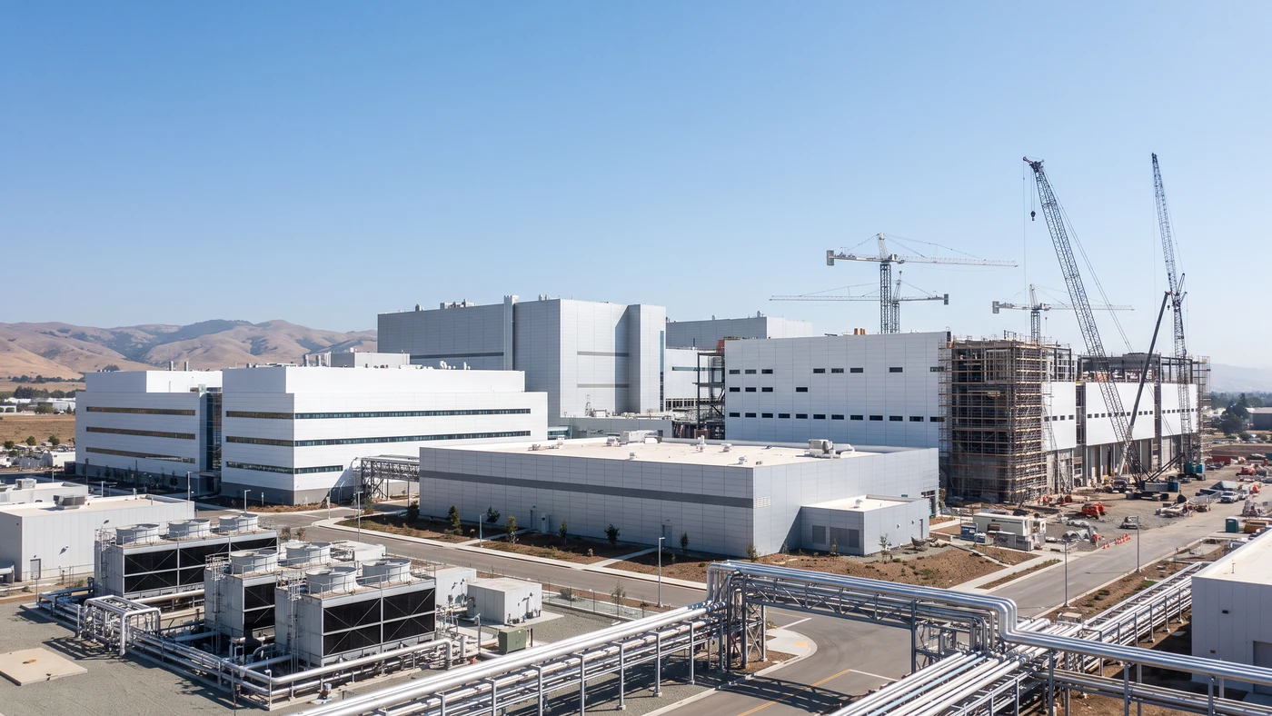 An anonymous semiconductor fabrication campus with an active construction wing and cranes beneath clear skies.
